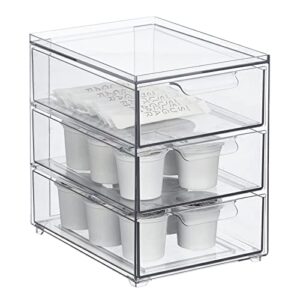 mdesign plastic stackable 3-drawer kitchen storage organizer - bin with divided pull-out drawers for pantry, shelf, fridge/refrigerator, and freezer organization - lumiere collection - clear