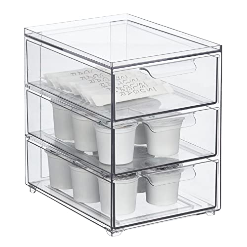 mDesign Plastic Stackable 3-Drawer Kitchen Storage Organizer - Bin with Divided Pull-Out Drawers for Pantry, Shelf, Fridge/Refrigerator, and Freezer Organization - Lumiere Collection - Clear