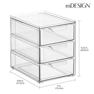 mDesign Plastic Stackable 3-Drawer Kitchen Storage Organizer - Bin with Divided Pull-Out Drawers for Pantry, Shelf, Fridge/Refrigerator, and Freezer Organization - Lumiere Collection - Clear