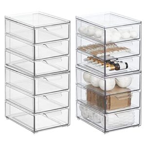 mdesign plastic stackable organizer with 3 drawers - pull-out drawer storage bin for bathroom sink/cabinet organization - perfect for makeup, small towels, and more - lumiere collection, 4 pack, clear