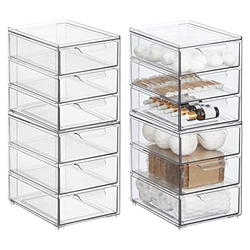 mDesign Plastic Stackable Organizer with 3 Drawers - Pull-Out Drawer Storage Bin for Bathroom Sink/Cabinet Organization - Perfect for Makeup, Small Towels, and More - Lumiere Collection, 4 Pack, Clear