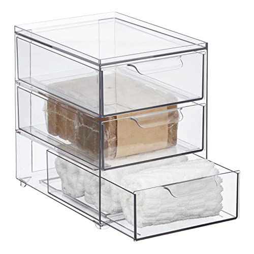 mDesign Plastic Stackable Organizer with 3 Drawers - Pull-Out Drawer Storage Bin for Bathroom Sink/Cabinet Organization - Perfect for Makeup, Small Towels, and More - Lumiere Collection, 4 Pack, Clear