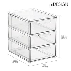 mDesign Plastic Stackable Organizer with 3 Drawers - Pull-Out Drawer Storage Bin for Bathroom Sink/Cabinet Organization - Perfect for Makeup, Small Towels, and More - Lumiere Collection, 4 Pack, Clear