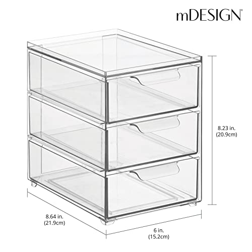 mDesign Plastic Stackable Organizer with 3 Drawers - Pull-Out Drawer Storage Bin for Bathroom Sink/Cabinet Organization - Perfect for Makeup, Small Towels, and More - Lumiere Collection, 4 Pack, Clear