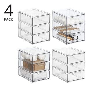 mDesign Plastic Stackable Organizer with 3 Drawers - Pull-Out Drawer Storage Bin for Bathroom Sink/Cabinet Organization - Perfect for Makeup, Small Towels, and More - Lumiere Collection, 4 Pack, Clear