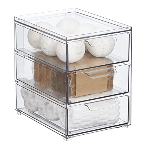 mDesign Plastic Stackable Organizer with 3 Drawers - Pull-Out Drawer Storage Bin for Bathroom Sink/Cabinet Organization - Perfect for Makeup, Small Towels, and More - Lumiere Collection, Clear