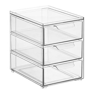 mDesign Plastic Stackable Organizer with 3 Drawers - Pull-Out Drawer Storage Bin for Bathroom Sink/Cabinet Organization - Perfect for Makeup, Small Towels, and More - Lumiere Collection, Clear