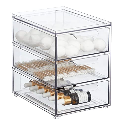 mDesign Plastic Stackable Organizer with 3 Drawers - Pull-Out Drawer Storage Bin for Bathroom Sink/Cabinet Organization - Perfect for Makeup, Small Towels, and More - Lumiere Collection, Clear