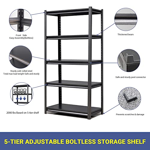2000LBS Capacity 5-Tier Metal Storage Shelves, Adjustable Garage Shelving Unit, Heavy Duty Shelves Organization Multipurpose Storage Shelf Warehouse Basement Kitchen Living Room, 31.5"W x15.7"D x63"H