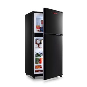 sagenhaft double door mini fridge with freezer, 3.5 cu.ft compact refrigerator with adjustable thermostat,compact refrigerator for bedroom, dorm,home office,black