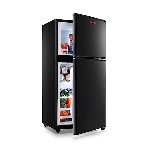 SAGENHAFT Double Door Mini Fridge with Freezer, 3.5 Cu.Ft Compact Refrigerator with Adjustable Thermostat,Compact Refrigerator for Bedroom, Dorm,Home Office,Black