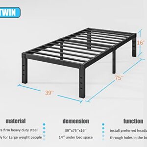 Sunnydaze Twin Bed Frames 16 Inch High Heavy Duty Steel Slats Without Headboard,No Box Spring Needed,Storage Underneath,Noise Free,Easy Assembly,Black