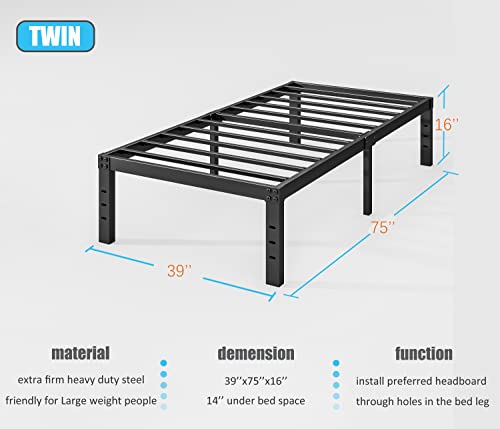 Sunnydaze Twin Bed Frames 16 Inch High Heavy Duty Steel Slats Without Headboard,No Box Spring Needed,Storage Underneath,Noise Free,Easy Assembly,Black