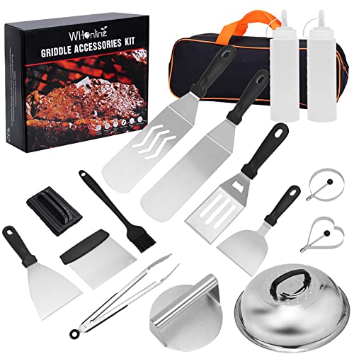 Whonline Griddle Accessories 16pcs Flat Top Grill Accessories Set for Blackstone and Camp Chef Enlarged Spatulas, Basting Cover, Burger Press, Scraper, Tongs, Grill Spatula Kit for Outdoor