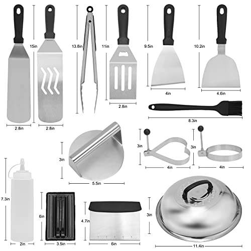 Whonline Griddle Accessories 16pcs Flat Top Grill Accessories Set for Blackstone and Camp Chef Enlarged Spatulas, Basting Cover, Burger Press, Scraper, Tongs, Grill Spatula Kit for Outdoor