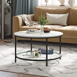 YITAHOME Round Coffee Table Glass Coffee Table for Living Room,2-Tier Marble Coffee Table with Storage Clear Coffee Table,Simple Modern Wood Center Table,Black