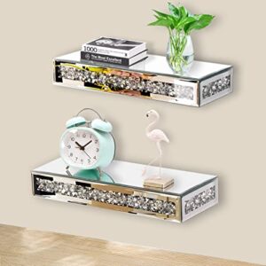 TACIDON Mirrored Floating Shelves Wall Mounted. Crystal Crushed Diamond Modern Wall Shelves Set of 2, Gorgeous Glass Mirror Shelf for Home Wall Decor, Bedroom, Living Room, Bathroom, Kitchen - Silver