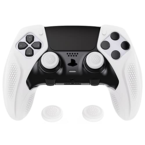 PlayVital Ninja Edition Anti-Slip Half-Covered Silicone Cover Skin for ps5 Edge Controller, Ergonomic Protector Soft Rubber Case for ps5 Edge Wireless Controller with Thumb Grip Caps - White