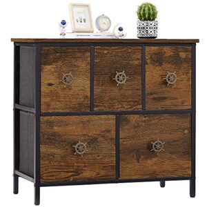vecelo bedroom with 5 chest of drawers for living room, nursery, entryway, fabric furniture clothes storage tower with steel, wood top, small dresser, brown