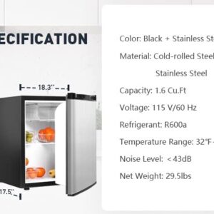 E-Macht Energy Efficient Compact Refrigerator 1.6CU.FT with Adjustable Thermostat - Ideal Mini Fridge for Dorms, Offices, Bedrooms or Kitchens