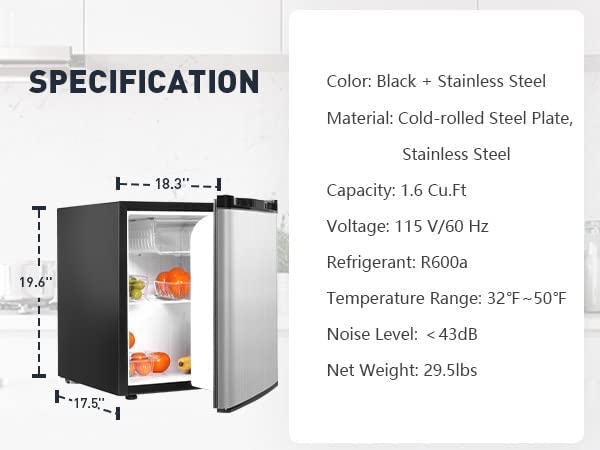 E-Macht Energy Efficient Compact Refrigerator 1.6CU.FT with Adjustable Thermostat - Ideal Mini Fridge for Dorms, Offices, Bedrooms or Kitchens