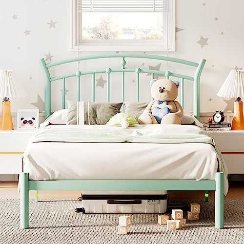 iPormis Twin Size Metal Platform Bed Frame with Vintage Headboard/Heavy Duty Steel Slats Support / 12 Inches Under-Bed Storage/No Box Spring Needed/Easy Assembly/Noise-Free, Mint Green