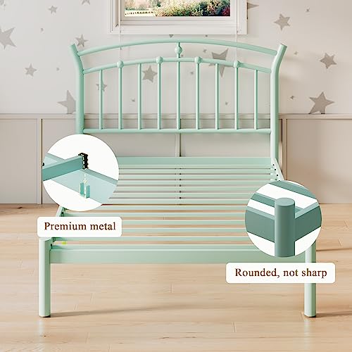 iPormis Twin Size Metal Platform Bed Frame with Vintage Headboard/Heavy Duty Steel Slats Support / 12 Inches Under-Bed Storage/No Box Spring Needed/Easy Assembly/Noise-Free, Mint Green