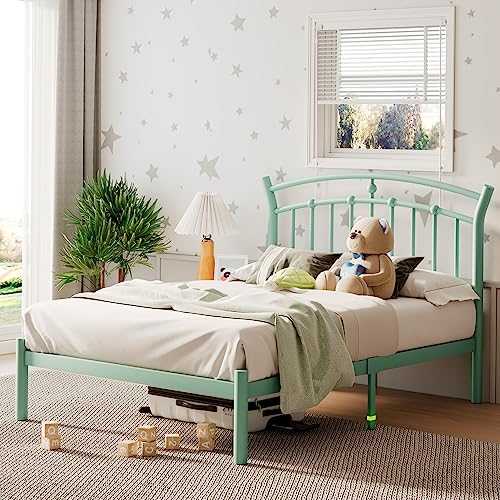 iPormis Twin Size Metal Platform Bed Frame with Vintage Headboard/Heavy Duty Steel Slats Support / 12 Inches Under-Bed Storage/No Box Spring Needed/Easy Assembly/Noise-Free, Mint Green