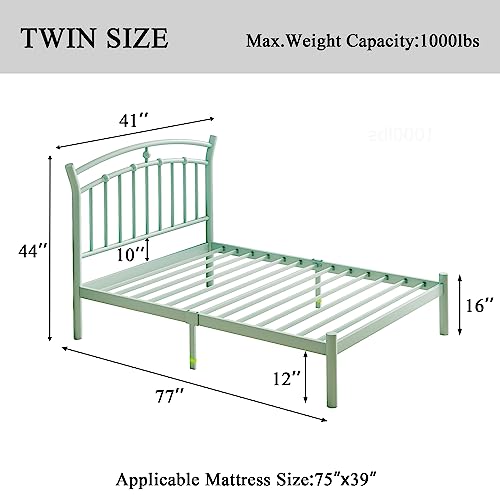 iPormis Twin Size Metal Platform Bed Frame with Vintage Headboard/Heavy Duty Steel Slats Support / 12 Inches Under-Bed Storage/No Box Spring Needed/Easy Assembly/Noise-Free, Mint Green