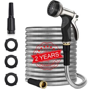 50ft stainless steel metal garden hose heavy duty metal hose with 9 function metal hose nozzle flexible, lightweight, kink free & tangle free, pet proof, puncture proof hose for yard, outdoor