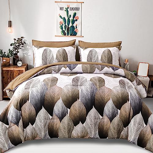 Drucon Botanical Comforter Set Queen, 7 Pieces Bed in A Bag Comforter Brown Leaves Comforter Queen Size Soft Microfiber Bedding Set for All Season