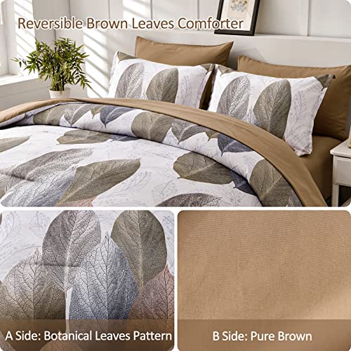 Drucon Botanical Comforter Set Queen, 7 Pieces Bed in A Bag Comforter Brown Leaves Comforter Queen Size Soft Microfiber Bedding Set for All Season