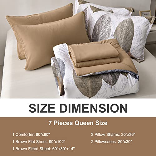 Drucon Botanical Comforter Set Queen, 7 Pieces Bed in A Bag Comforter Brown Leaves Comforter Queen Size Soft Microfiber Bedding Set for All Season