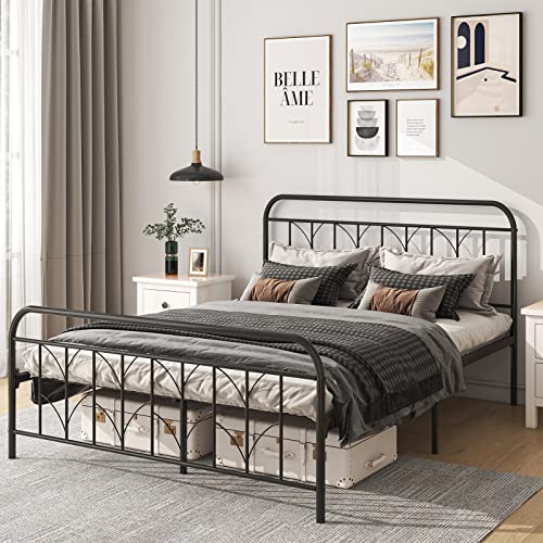 Saudism Queen Size Metal Bed Frame, 14.6" Queen Platform Bed Frame, Mattress Foundation with Victorian Style Iron-Art Headboard, Easy Assembly, Sturdy and Durable, No Box Spring Needed, Black