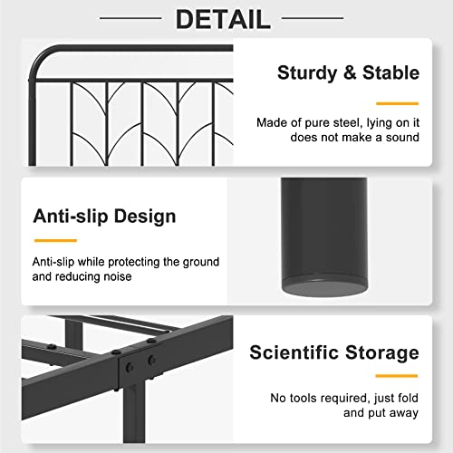 Saudism Queen Size Metal Bed Frame, 14.6" Queen Platform Bed Frame, Mattress Foundation with Victorian Style Iron-Art Headboard, Easy Assembly, Sturdy and Durable, No Box Spring Needed, Black