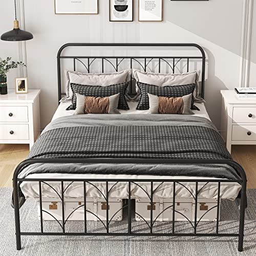 Saudism Queen Size Metal Bed Frame, 14.6" Queen Platform Bed Frame, Mattress Foundation with Victorian Style Iron-Art Headboard, Easy Assembly, Sturdy and Durable, No Box Spring Needed, Black