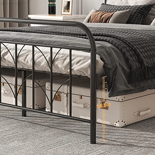 Saudism Queen Size Metal Bed Frame, 14.6" Queen Platform Bed Frame, Mattress Foundation with Victorian Style Iron-Art Headboard, Easy Assembly, Sturdy and Durable, No Box Spring Needed, Black