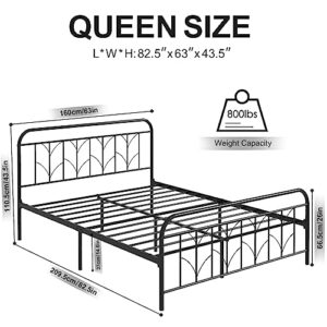 Saudism Queen Size Metal Bed Frame, 14.6" Queen Platform Bed Frame, Mattress Foundation with Victorian Style Iron-Art Headboard, Easy Assembly, Sturdy and Durable, No Box Spring Needed, Black