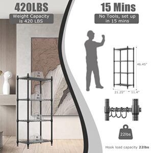 JEROAL 4 Tier Wire Shelving Unit, Adjustable Height Storage Shelf Display Rack with 4 S-Shaped Hooks, 21.25" D×11.4" W×46.45" H Standing Heavy Duty Metal Shelving for Laundry Bathroom Kitchen