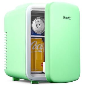 reemix mini fridge, 3.7 liter/6 can portable cooler and warmer personal refrigerator for skin care, cosmetics, beverage, food,great for bedroom, office, car, freon-free (green)
