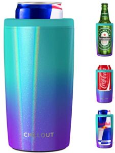 chillout life skinny can cooler for 12oz standard or tall slim cans & beer bottles | 4 in 1 stainless steel insulated 12 oz universal can cooler, fits most car cup holders - purple green