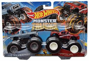hot wheels monster trucks silverado vs f 150 raptor, demolition doubles