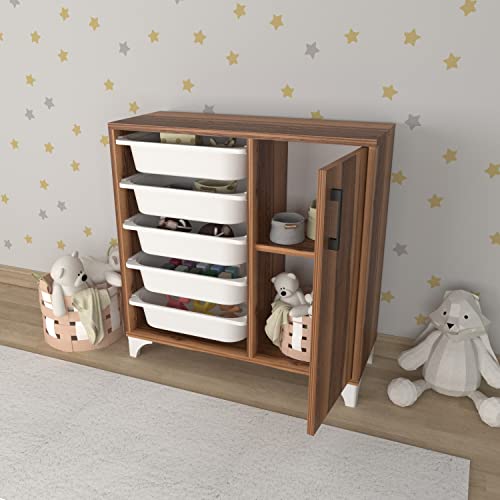 Comfyt Dresser Closet Organizer and Storage Bins Drawer Toy Storage Bathroom Office Kitchen Pantry Organizer Garage Organization Chest Shelves Shoe Cabinet Rack Bookshelf (Walnut 5 Basket with Door)