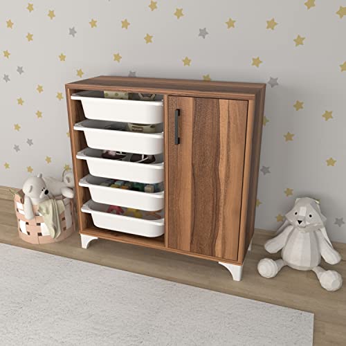 Comfyt Dresser Closet Organizer and Storage Bins Drawer Toy Storage Bathroom Office Kitchen Pantry Organizer Garage Organization Chest Shelves Shoe Cabinet Rack Bookshelf (Walnut 5 Basket with Door)