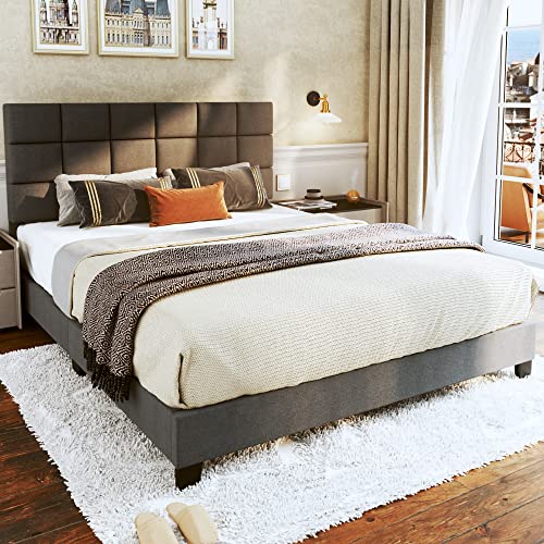 Fluest Queen Bed Frame Upholstered Bed Frame Platform with Adjustable Headboard Linen Fabric Tufted Headboard Wooden Slats Support/No Box Spring Needed/Easy Assembly/Mattress Foundation, Grey