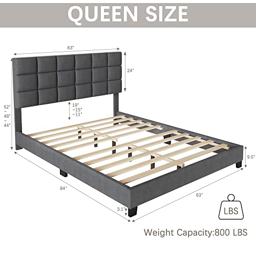 Fluest Queen Bed Frame Upholstered Bed Frame Platform with Adjustable Headboard Linen Fabric Tufted Headboard Wooden Slats Support/No Box Spring Needed/Easy Assembly/Mattress Foundation, Grey