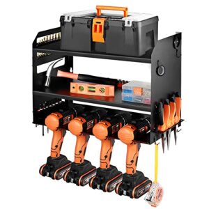 yayyayer power tool organizer wall mount,3 layers heavy duty drill storage rack with 6 hooks,cordless utility tool station with power cable hole suitable for tool room workshop warehouse