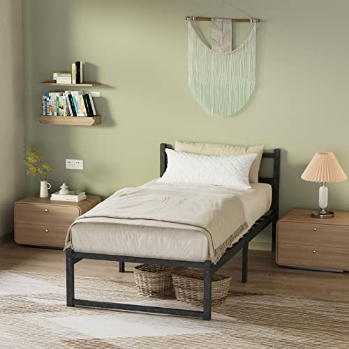 Noillats Twin Size Bed Frame, Heavy Duty Metal Platform Bed Frame with Headboard, 10" Under Bed Storage Space, No Box Spring Needed, Gray Black.