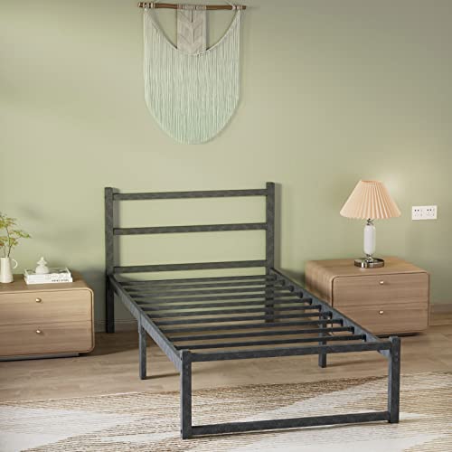 Noillats Twin Size Bed Frame, Heavy Duty Metal Platform Bed Frame with Headboard, 10" Under Bed Storage Space, No Box Spring Needed, Gray Black.