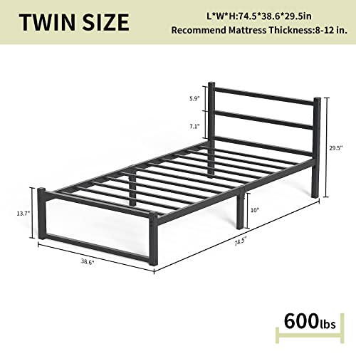 Noillats Twin Size Bed Frame, Heavy Duty Metal Platform Bed Frame with Headboard, 10" Under Bed Storage Space, No Box Spring Needed, Gray Black.